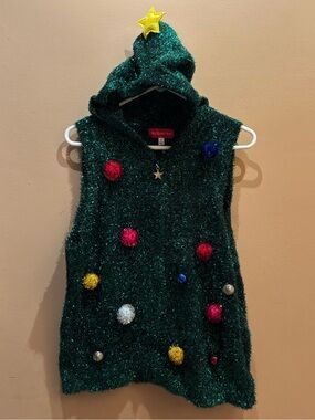 Blizzard Bay tinsel zip sweater vest hooded with a star on top and jingle bells